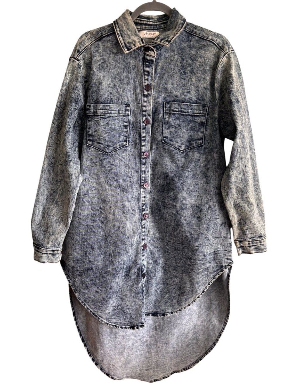 Vibrant M.i.u Longline Acid Wash Denim Button-Up Shirt Dress High-Low Hem